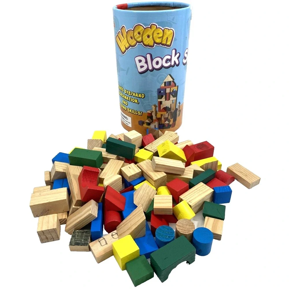 Wooden Building Blocks Set of 100 Various Colors and Shapes and Storage Canister